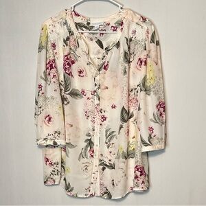 Cynthia Rowley Women's Floral Print 3/4 Button Down Shirt Lace Accents Size 1X.